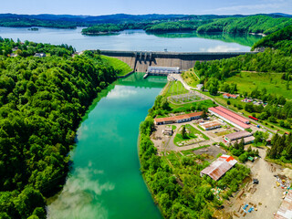 Hydroelectric Water Power Plant on Solina Lake in Poland. Drone View. Renewable Green Energy