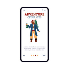 Adventure of pirates onboarding user interface, flat vector illustration.