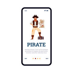 Onboarding screen of mobile app with funny pirate, cartoon vector illustration.