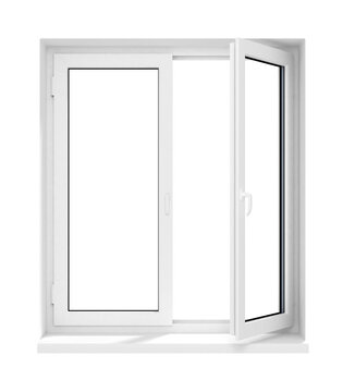 New opened plastic glass window frame isolated on the white background model. 3d illustration.