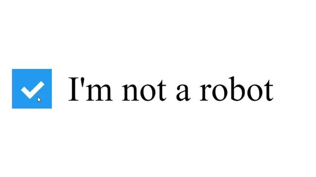 Mouse Cursor Slides Over And Clicks I'm Not A Robot Checkbox. Device Screen View of Cursor Clicking to Check Mark I Am Not a Bot Security Online. Viewpoint Over The Internet Network Website.