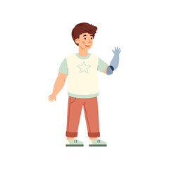 Little disabled boy with arm prosthesis, cartoon vector illustration isolated.