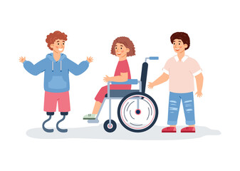 Special needs disabled children and friends, flat vector illustration isolated.