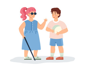 Blind disabled girl is friends with healthy child vector illustration isolated.