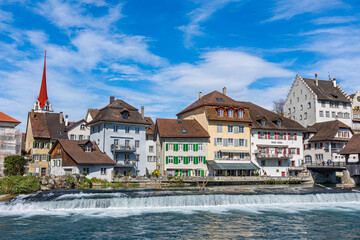 Obraz premium View of the small town Bremgarten and Reuss river at sunshine