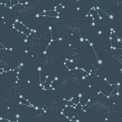 Starry night sky vector seamless pattern. Astrological consternation background. Zodiac star sign Milky Way space print design.