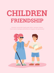 Children friendship banner with disabled girl, cartoon vector illustration.