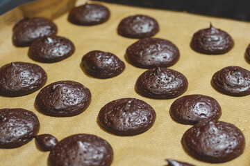 Process of making homemade chocolate cookies: hot biscuits taken out of the oven.