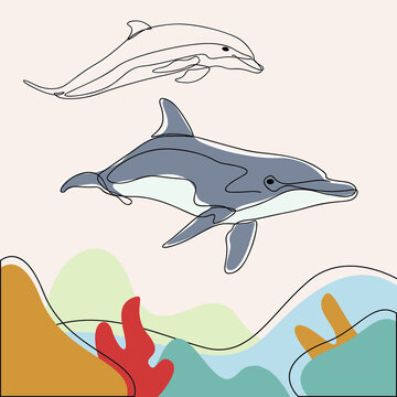 minimalist line art style dolphin illustration and one line art with earth tone. creative for wall decoration, postcard or brochure cover design and cover book .editable and suitable for templates.