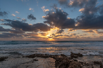 Obraz premium Beautiful Mediterranean Sea sunset at the coastline near Haifa, Israel 