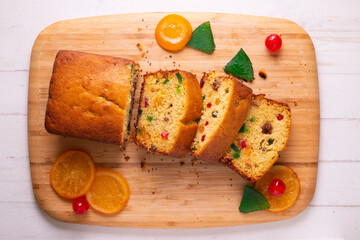 Sant Joan sponge cake with candied fruit. Traditional Spanish dessert to celebrate summer.