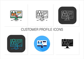 Customer profile icons set. Information about person, interests, buying patterns, and demographic characteristics.Collection of icons in linear, filled, color styles.Isolated vector illustrations 