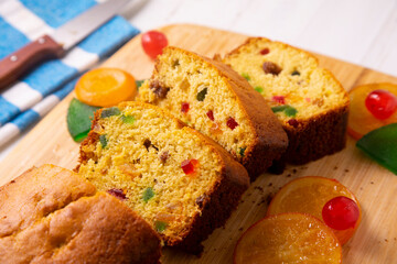 Sant Joan sponge cake with candied fruit. Traditional Spanish dessert to celebrate summer.
