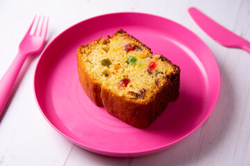 Sant Joan sponge cake with candied fruit. Traditional Spanish dessert to celebrate summer.