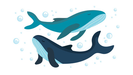 Flat set of blue whale on white background. Marine life. Vector illustration with cute bubbles and whales  underwater. 