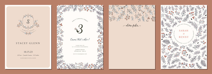 Modern universal artistic templates. Wedding and birthday invitations and corporate Holiday cards. Floral frames and backgrounds design.