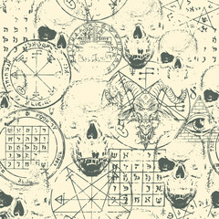 Abstract seamless pattern with goat head, human skulls, esoteric and occult symbols on an old paper backdrop. Hand-drawn vector background on theme of satanism, black magic, occultism in grunge style