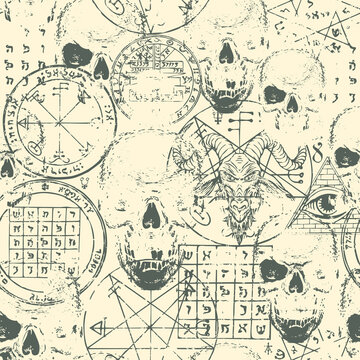 Abstract seamless pattern with goat head, human skulls, esoteric and occult symbols on an old paper backdrop. Hand-drawn vector background on theme of satanism, black magic, occultism in grunge style © paseven