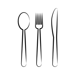 Spoon, knife and fork. Kitchen tools icon set. Line art. Vector isolated illustration on white background