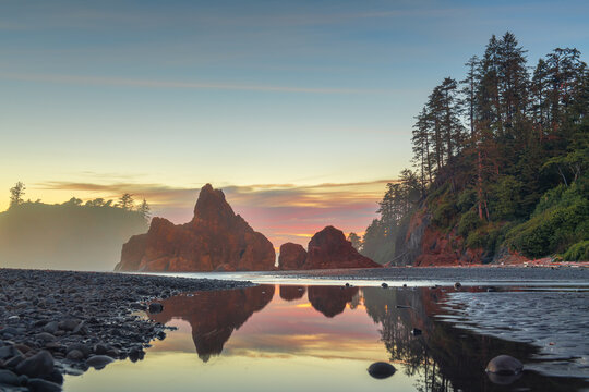 Olympic National Park, Washington, USA at Ruby Beach at dusk.