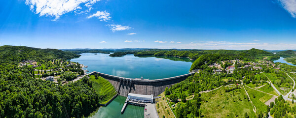 Hydroelectric Power Plant at Solina Lake. Solina Dam in Poland. Renewable Energy Hydropower. Drone Panorama