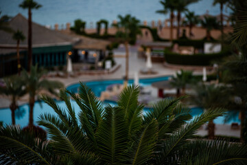 Fototapeta na wymiar Recreation area on tropical hotel resort