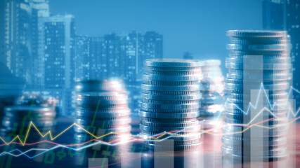 Financial investment concept, Double exposure of stack of coins and city for finance investor,...