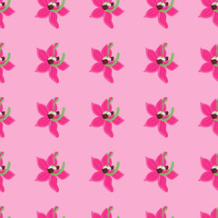 Bright summer seamless pattern with pink orchid flowers elements. Pastel background. Hand drawn print.
