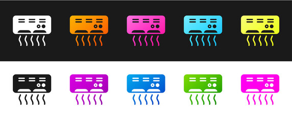 Set Air conditioner icon isolated on black and white background. Split system air conditioning. Cool and cold climate control system. Vector