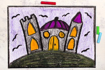 Colorful hand drawing: Old scary castle at night. Halloween drawing on white  background