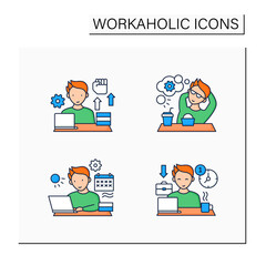 Workaholic color icons set. Workaholism prevention, consequences. Workaholism treatment, ethic, dilemma.Conduct rules. Overworking concept.Isolated vector illustrations
