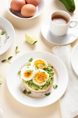 Avocado egg sandwich and cup of coffee
