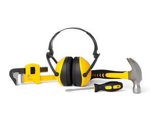 Isometric view of yellow construction tools for repair on white
