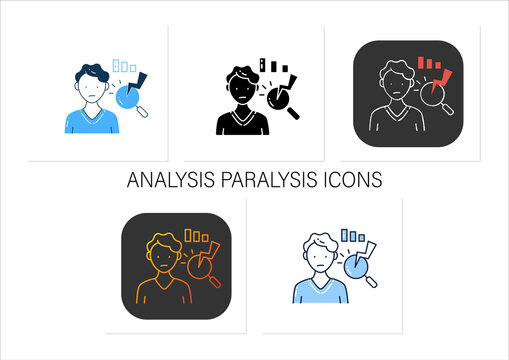Analysis paralysis icons set.Excessive thinking of information can lead to its paralysis.Collection of icons in linear, filled, color styles. Isolated vector illustrations