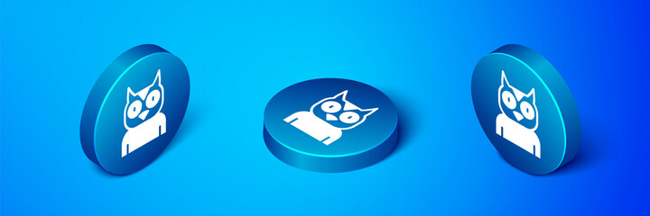 Isometric Owl bird icon isolated on blue background. Animal symbol. Blue circle button. Vector