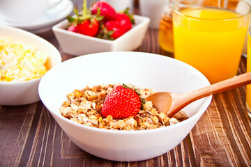 Healthy breakfast. Granola, muesli with fresh berries.