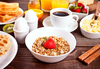 Healthy breakfast. Granola, muesli with fresh berries.