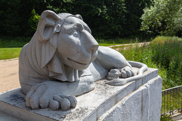 Egyptian sphinx stylized cast-iron sculpture of a lion in Kuzminsky park, Moscow