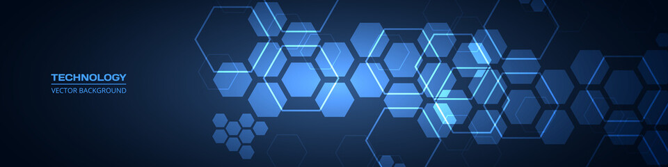 Dark blue technology abstract wide background with hexagonal elements. Abstract hexagon medical navy blue horizontal banner. Innovation medicine, science, technology or higher intelligence design.