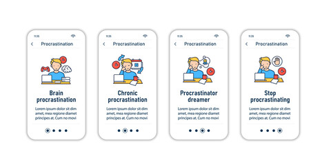 Procrastination onboarding mobile app screens. Postpone unpleasant tasks for later.Delay. Overwhelmed steps menu. Set of UI, UX, web template with RGB color linear icons