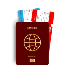 Passport with tickets. Vector immunity passport with airplane tickets inside.Vacation and travel concept .Vector isolated on white background.Vaccine or immune passport.