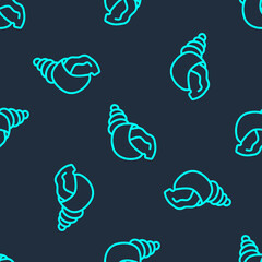 Green line Scallop sea shell icon isolated seamless pattern on blue background. Seashell sign. Vector