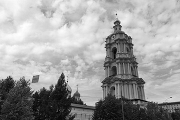 View to belltower of the Novospassky monastery, black and white photo