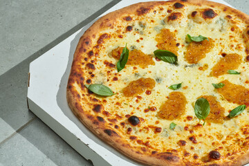 Delicious pizza with creamy sauce, canned pears, onions, melted mozzarella cheese, gorgonzola and crispy rims. Hard light. Gray background.