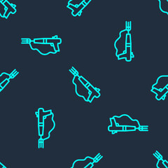 Green line Fishing harpoon icon isolated seamless pattern on blue background. Fishery manufacturers for catching fish under water. Diving underwater equipment. Vector