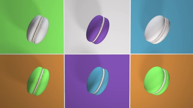 5 ps Colorful macaroni cakes, photographed on a colored paper background. A pattern with rotating macaroons. Realistic 3D animation with shadows. Looped video.