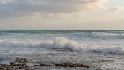  Daytime seascape of the Mediterranean Sea on the coast of Israel near Haifa.
