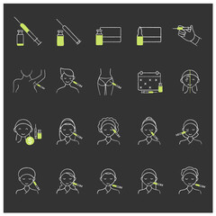 Cosmetic injection chalk icons set.Beauty correction. Rejuvenation. Vaccination. Cosmetic procedure concept. Isolated vector illustrations on chalkboard