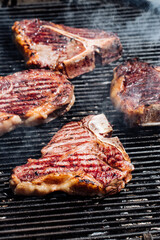 Selection of dry aged steak that includes t bone, rib eye and rump steak on a barbecue