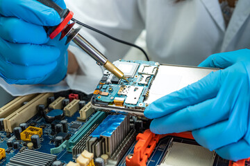 Technician repairing inside of mobile phone by soldering iron. Integrated Circuit. the concept of...